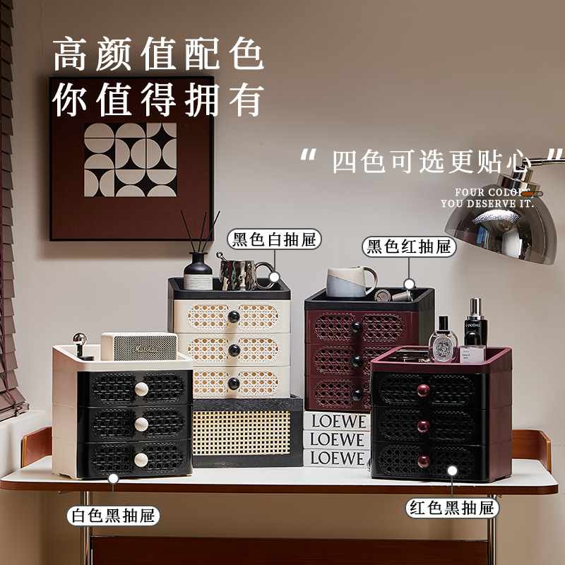 学生桌面收纳盒中古复古藤编风玄关入户门摆件客厅多层抽屉置物架|undefined
