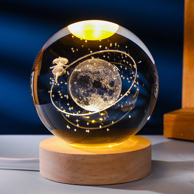 Escultura interior 3d bola de cristal transfronteriza luz de noche base de madera maciza decoración literaria pareja compañeros de clase cumpleaños regalo creativo