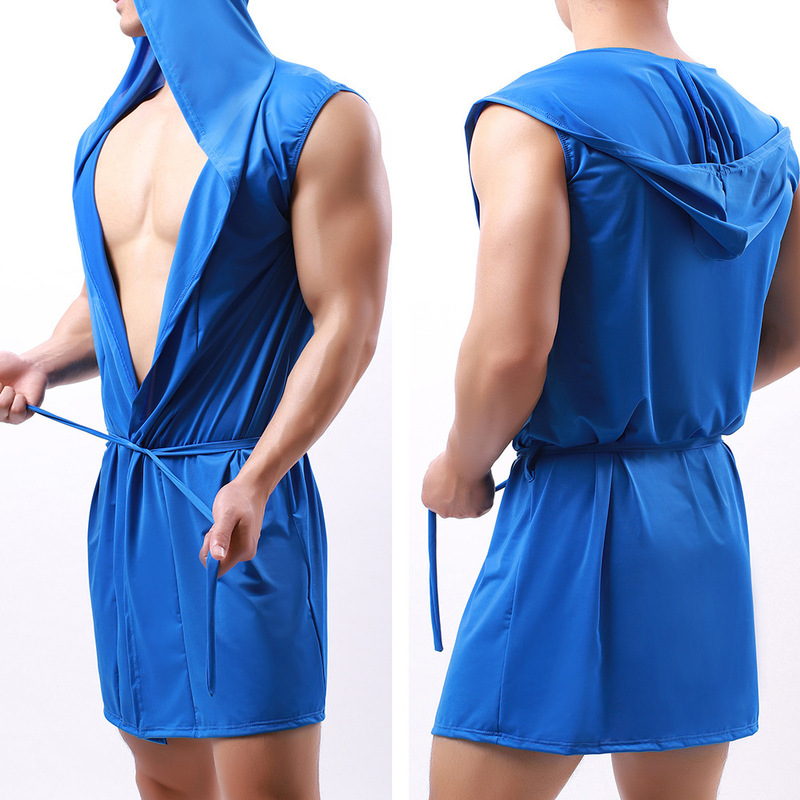 Bathrobe New Men's Bath Cool Milk Silky Men's Hooded Sleeveless Thin Nightgown with Briefs Set