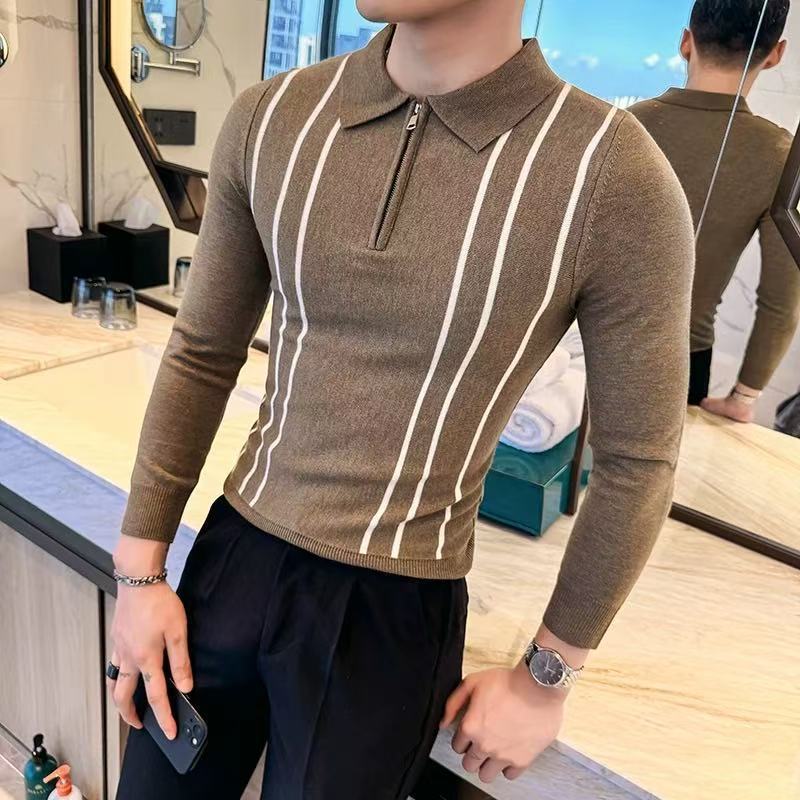 Schmal geschnittener Polo-Strickpullover für Herren mit halbem Reißverschluss und Streifenmuster – atmungsaktiv, dehnbar und maschinenwaschbar – Business-Casual-Pullover_voghion.com