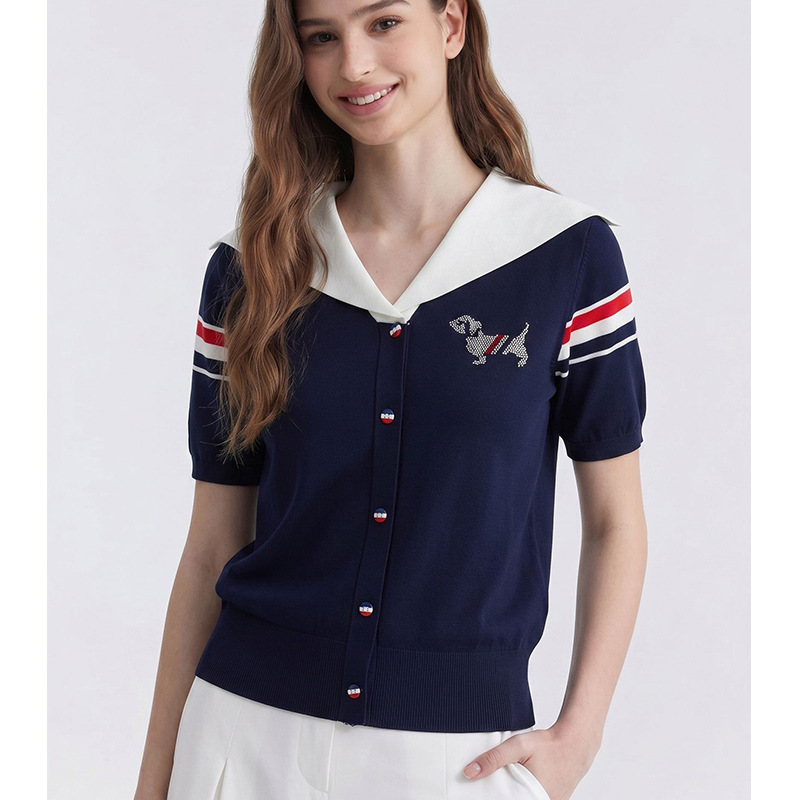 2026 Super Youthful and Stylish College Style Navy Collar Knitted Short Sleeve Single-Breasted Soft and Exquisite Fashionable Top