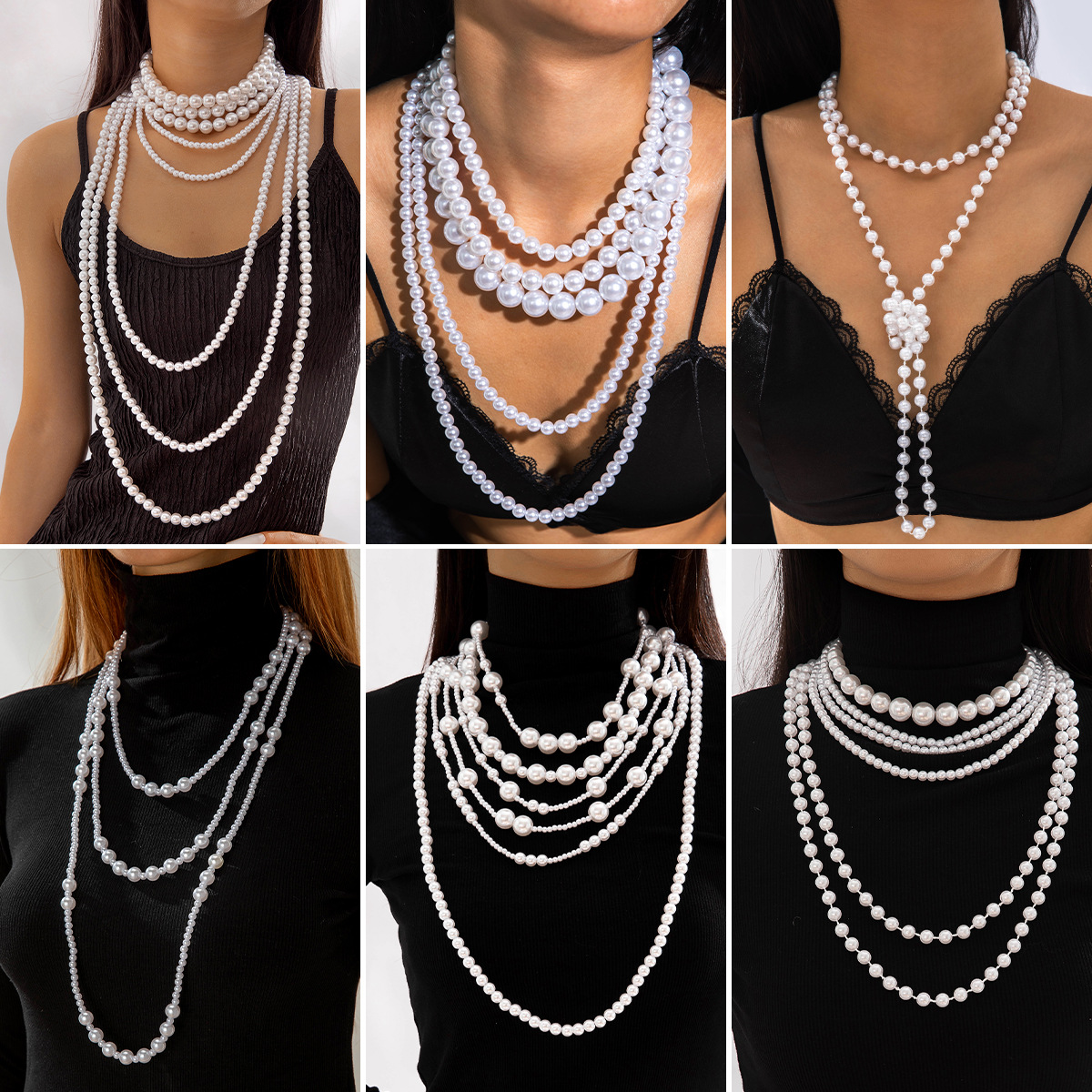 European and American Fashion Multi-Layered Imitation Pearl Necklace, Elegant and High-End Baroque Size Beaded French Retro Choker for Women
