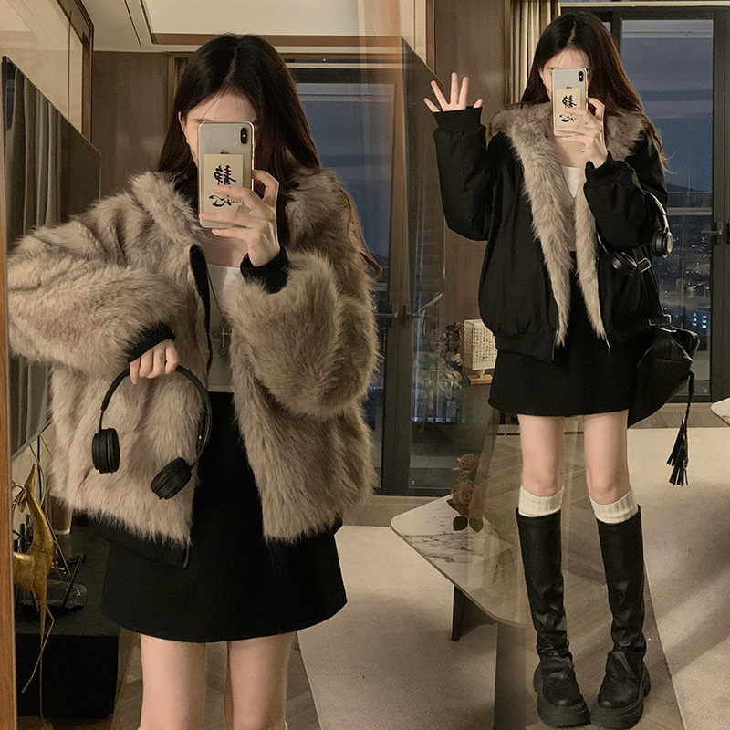 冬の新作レトロ可愛いショート丈リバーシブルフード付きファー暖かいジャケット レディース 裏起毛厚手ダウンコットンコート|undefined