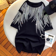 超大サイズ2-300斤太ったmm重工亮ドリル羽半袖tシャツ女性黒減齢百合上着潮
