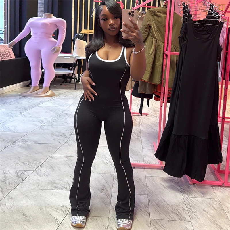 Women's Backless Slim-Fit Yoga Jumpsuit - High Waist Tummy Control Workout Bodysuit With Contrast Color Design For Summer_voghion.com