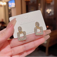 新款S925银针法式复古几何方形耳钉女气质轻奢满钻百搭耳饰潮