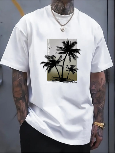 Coconut Tree Print Tee with Coconut Tree Illustrated Print
