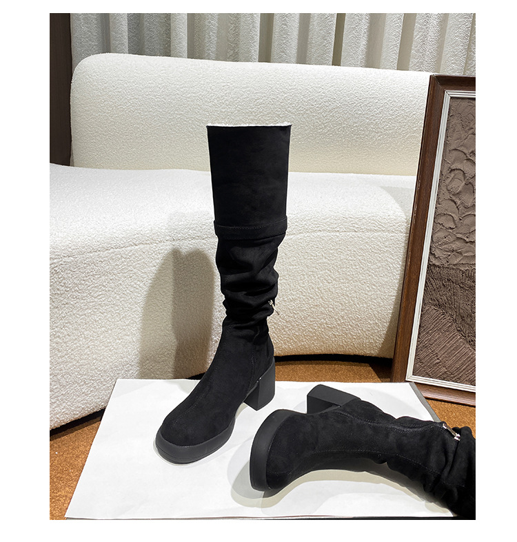 New high, long, heavy-soled lamb fleece boots with chunky heels_voghion.com