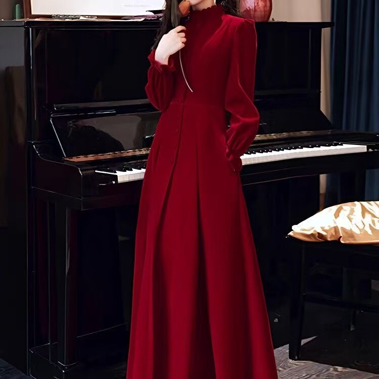 Toast Dress Bride Autum Dress Women's 2025 Autum and Winter New Long-Sleeved Elegant Wedding Evening Dress Long Skirt