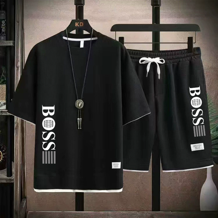 В наличии вафельная футболка в гонконгском стиле, мужской повседневный комплект из двух предметов, свободные модные брюки пять точек больших размеров для пары