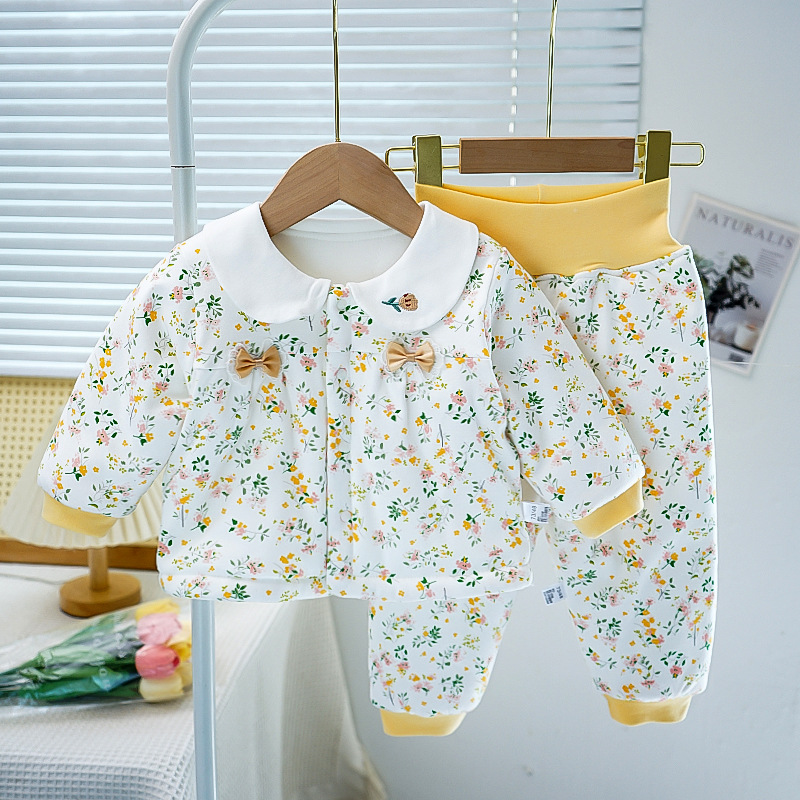 Princess style delicate yellow flower-cotton coat suit
