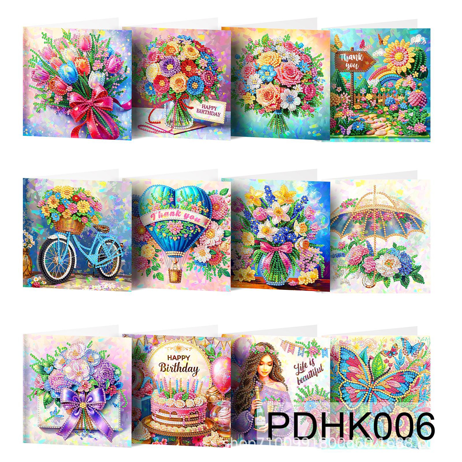 Nuevos diamantes transfronterizos alrededor de la pintura de diamantes DIY flores de Navidad tarjetas de regalo de cumpleaños 12 tarjetas de diamantes