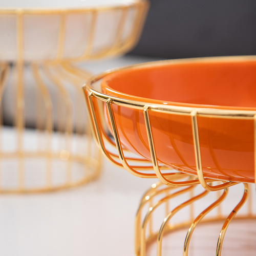 Amazon Ceramic Iron Rack Fruit Bowl Nordic Light Luxury Gold Iron Ceramic Snack Plate Cosmetics Storage Plate