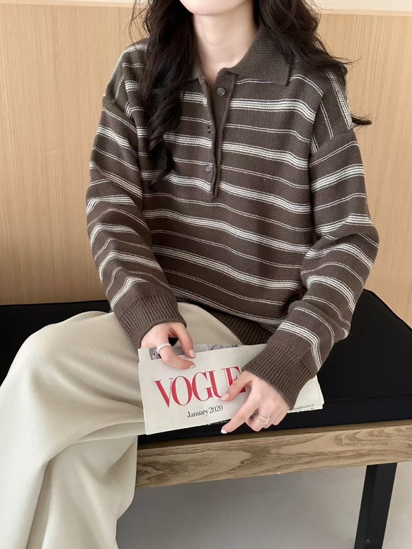 韩系复古条纹翻领毛衣女秋冬宽松慵懒风套头polo领针织衫内搭上衣|undefined