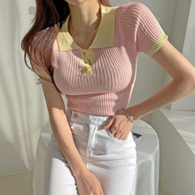 韩版风纯欲领针织衫短袖恤女装夏季甜美短款修身显瘦上衣
