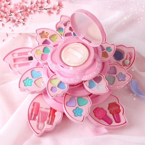 Children's washable cosmetics dress-up playset for girls, including nail polish and makeup, with rotating makeup box featuring floral patterns.