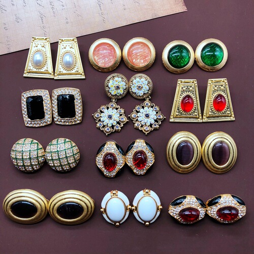 Overseas goods French romantic silver needle earrings electroplated real gold stone gemstone enamel glaze second-hand earrings earrings