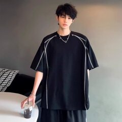 夏の高街重ポンド落肩半袖tシャツ男小衆衝突色線デザイン感ネット赤痞帅小襟元tシャツ