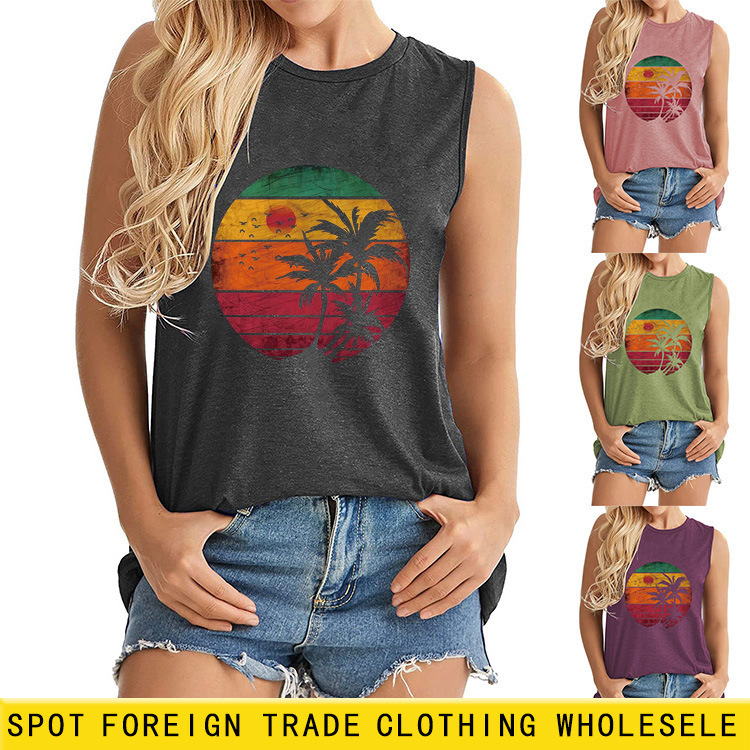 Amazon Wish Independent Station Cross-Border Export European and American Women's Round Neck Short-Sleeved Coconut Tree Print Sleeveless Fashion Vest
