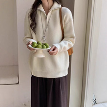 外贸跨境侧腰开叉拉链套头毛衣女秋冬新款宽松加厚立领针织衫上衣