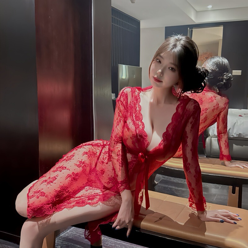 Sexy Nightgown, Bathrobe, Foreign Trade Popular Transparent Lace Long Skirt, Couple Flirting, Sexy Plus Size Pajamas, Sexy Uniform