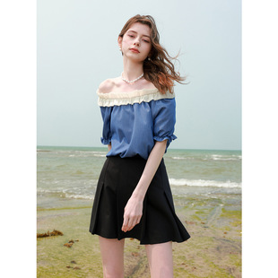 2025 New Summer Imitation Denim Ruffled Round Neck Shirt One-Shoulder Top Shirt for Women F