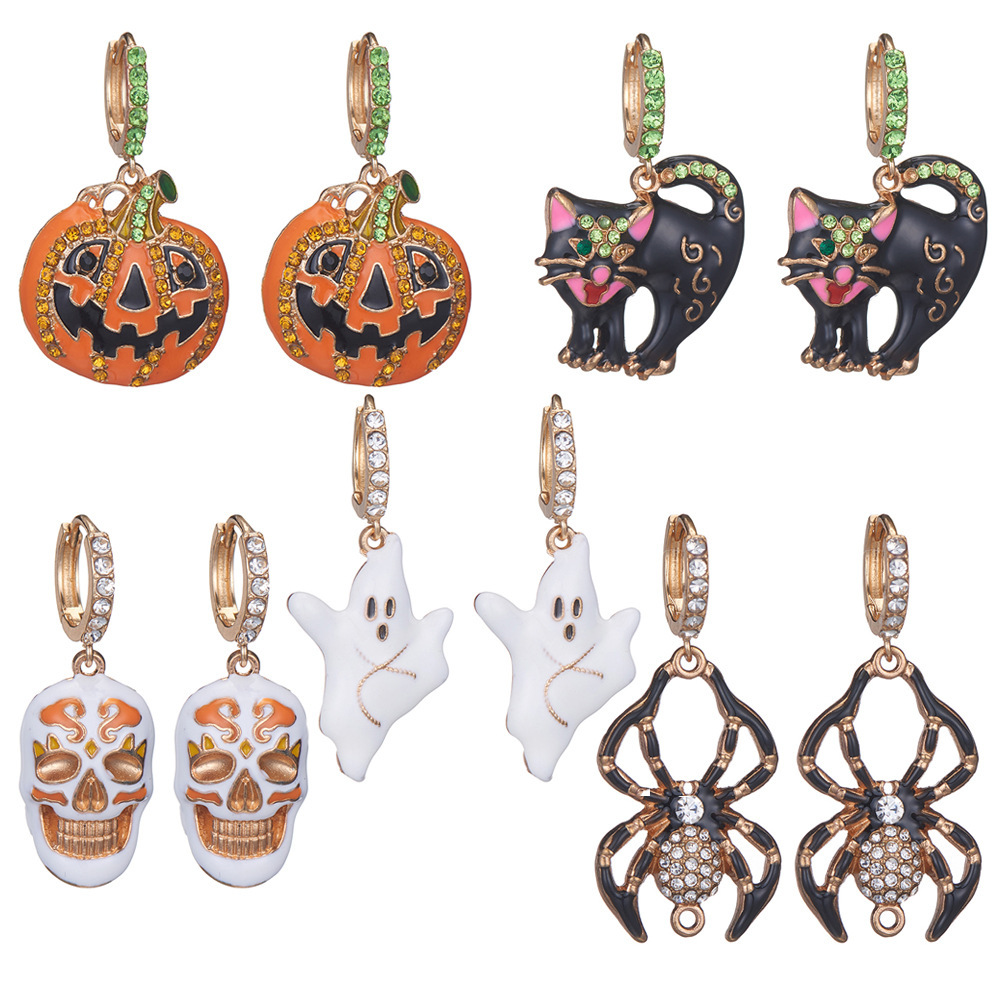 Fashion Pumpkin Cat Ghost Alloy Enamel Inlay Rhinestones Women's Drop Earrings 1 Pair display picture 2