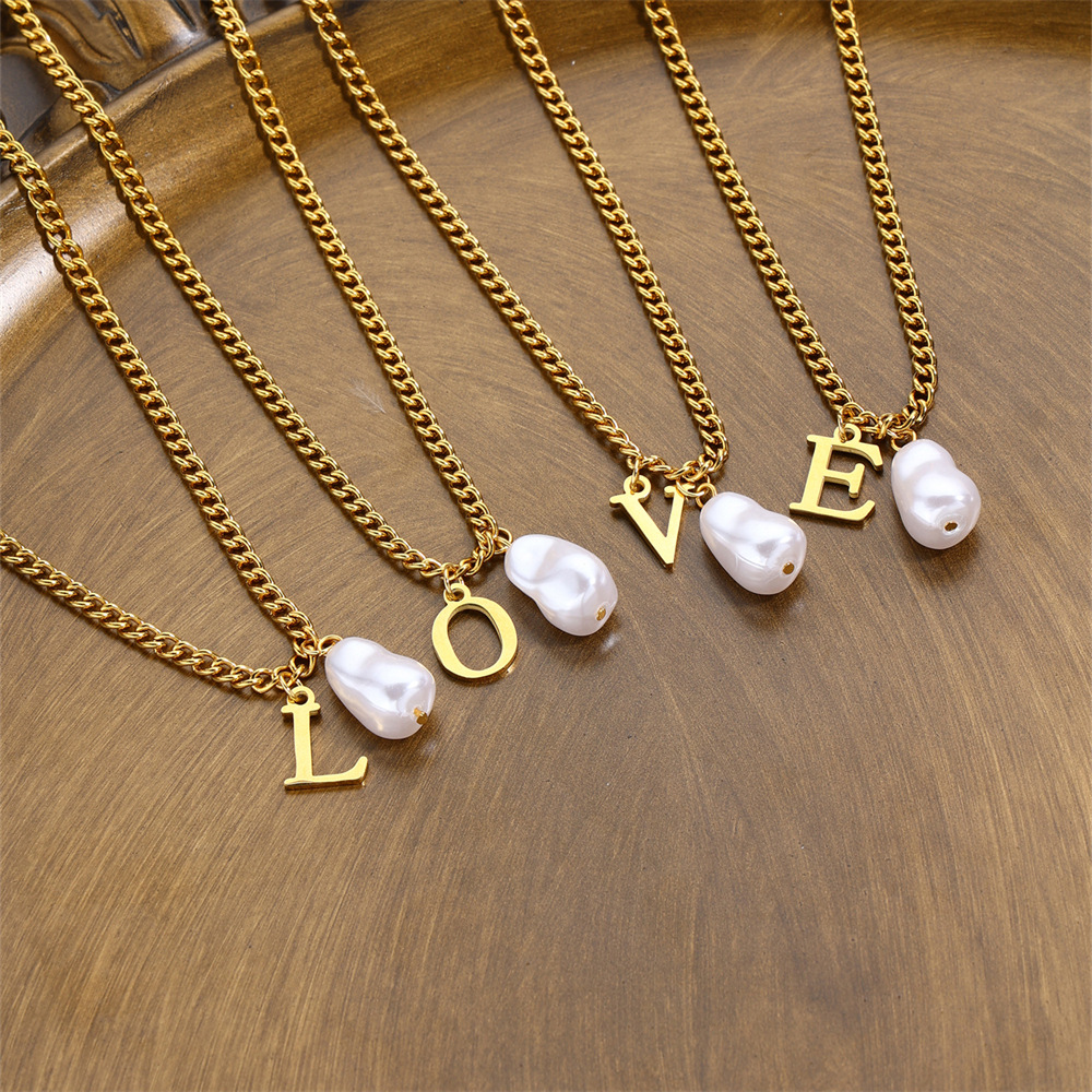 304 Stainless Steel Titanium Steel IG Style Simple Style Pearl Letter Pendant Necklace display picture 4