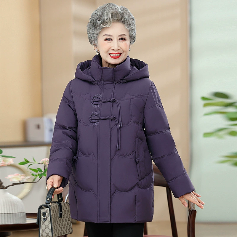 Женщины среднего и пожилого возраста белая утка пуховик топ мама зима новый свободный толстый с капюшоном теплое пальто