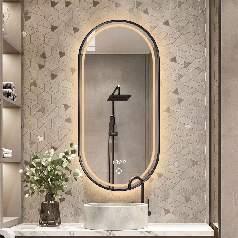 Bathroom Mirror Bathroom Led with Light Touch Screen Wall-Mounted Toilet Washbasin Oval Smart Mirror