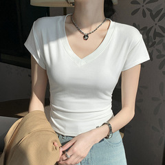 夏の服の新型の修身の肩のvネックの半袖のtシャツの女性の百合は腰を収めてやせている高級感があります。