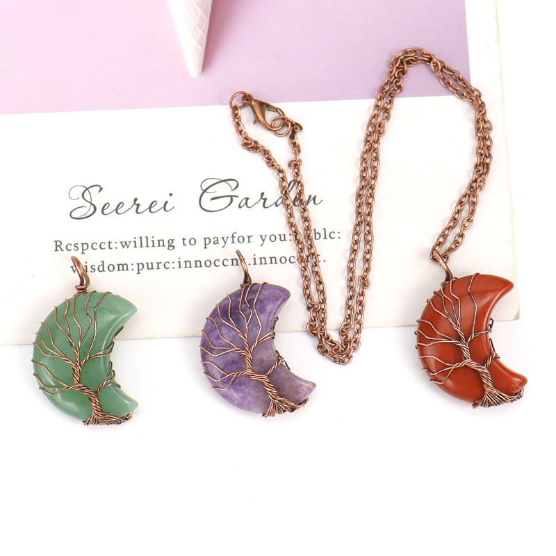 Daily Occasion Simple Style Moon Tree Natural Stone Copper Pendant Necklace In Bulk