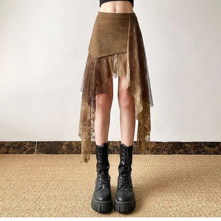 Cross-Border European and American Style 2025 New Summer Women's Lace Splicing Mid-Length French Elegant Solid Color Skirt