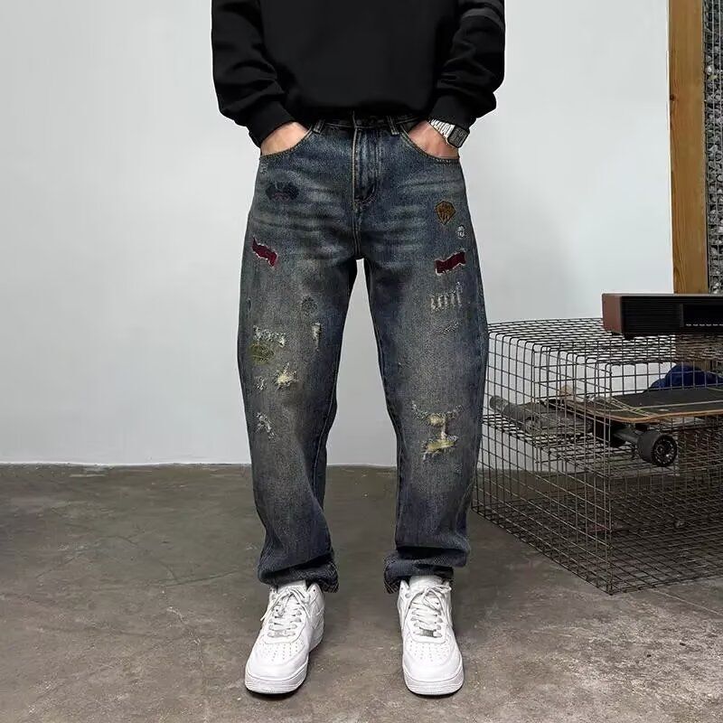 Ripped Jeans Trendy Loose Fit Men's Style Layered Wear Stylish Hot-Selling Over-The-Knee Trendy Jeans for Men Durable