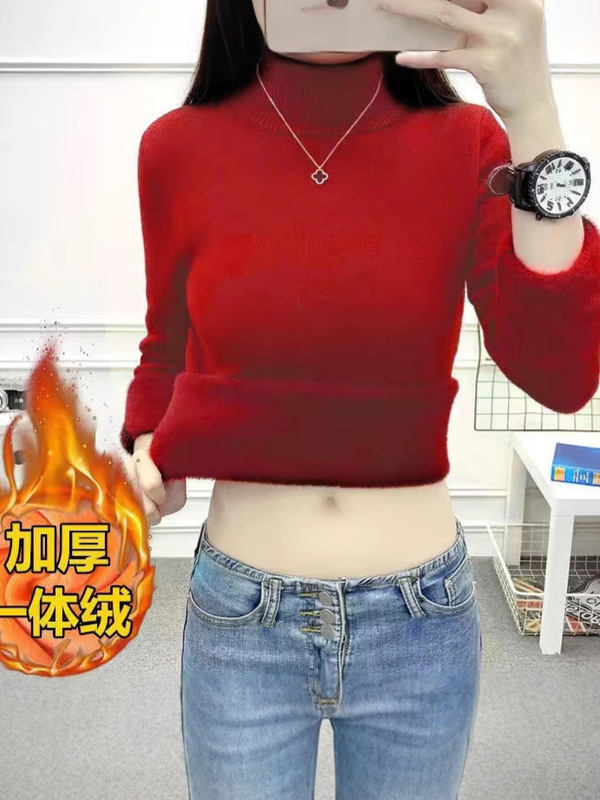 一体のベルベットの半高襟のセーターの底のシャツの女性のベルベットの厚いニットの秋の冬の中に暖かい服を着ます|undefined