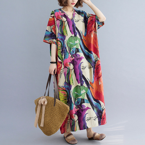 Simple vacation style long dress for women, summer cotton linen printed V-neck loose plus-size beach dress for women