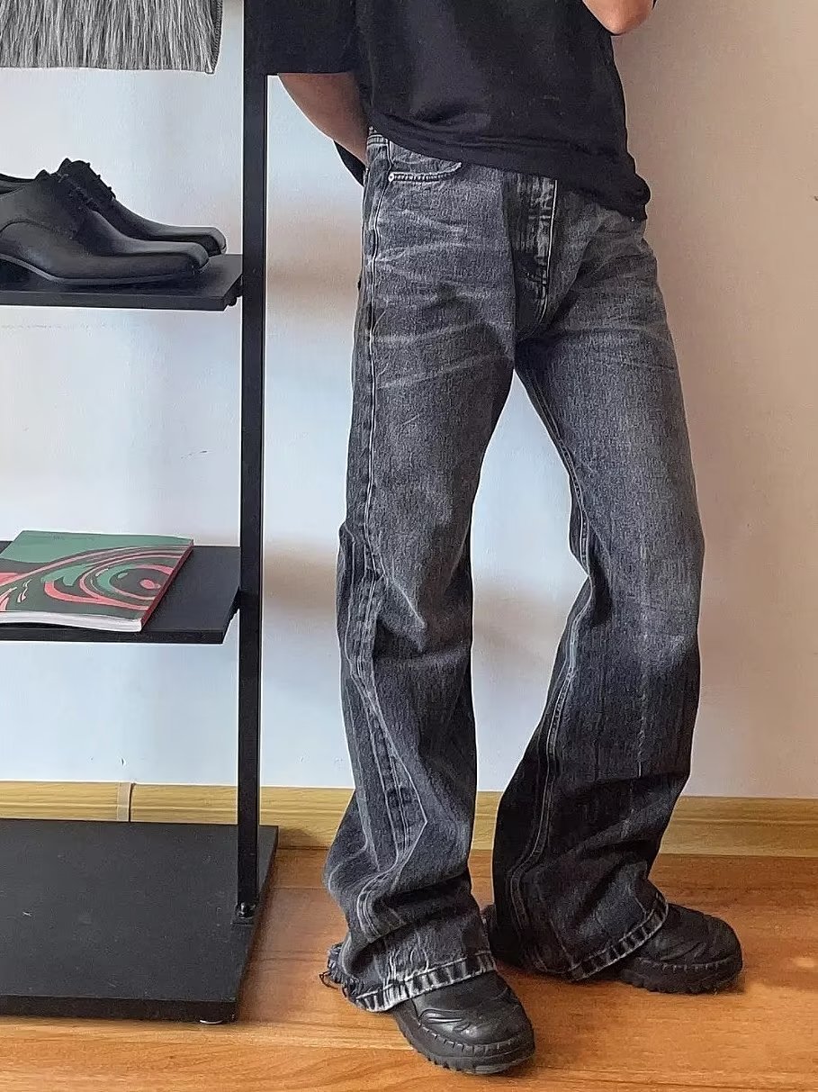 Herrenbekleidung, gewaschene Herren-Jeans – Lässige, gerade geschnittene Freizeitjeans (Schwarz-Grau), Bestseller_voghion.com