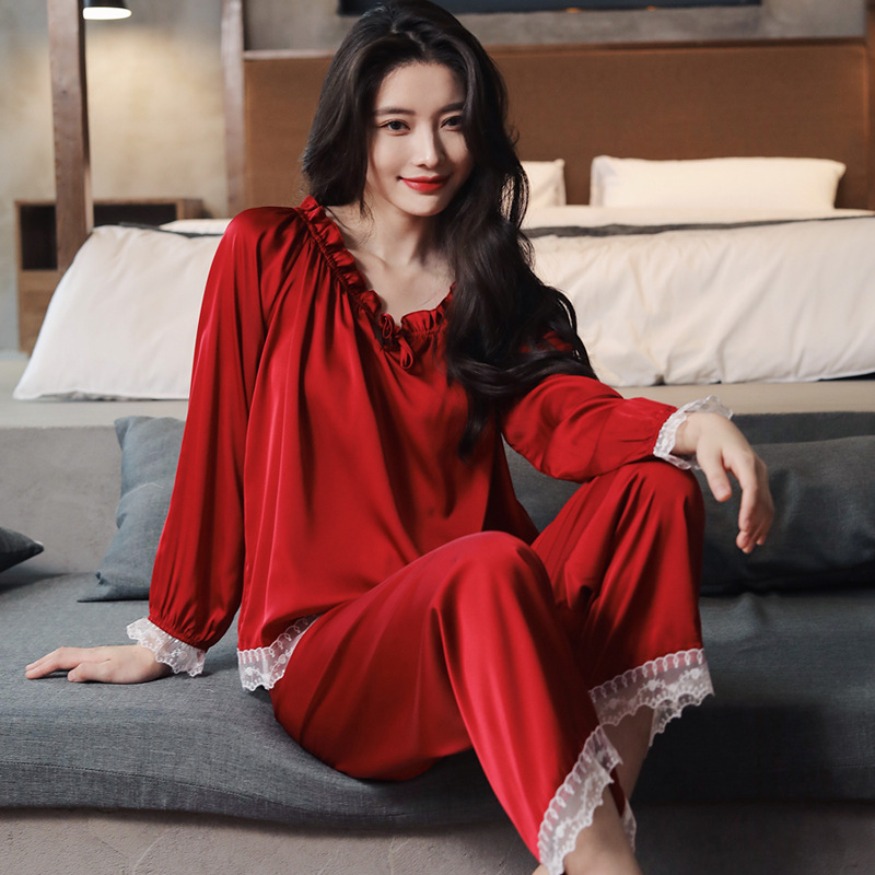 New Arrival Pajamas Women's Spring and Autumn Summer Ice Silk Thin French Princess Royal Style Sweet Long Sleeve Suit Home Clothes