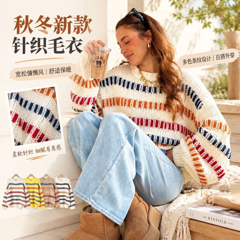European and American cross-border women's autumn and winter new casual fashion retro color-block chunky knit loose batwing sleeve sweater