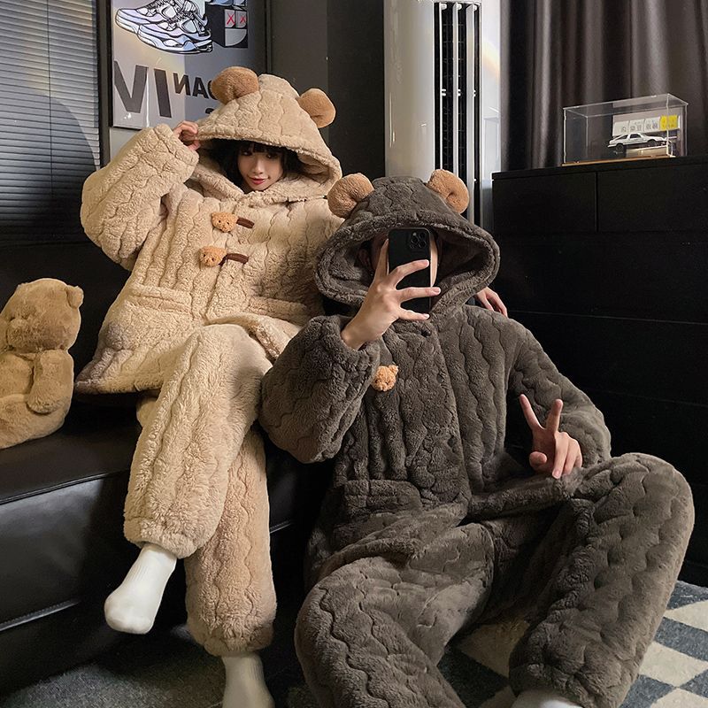 2025 New Couple Pajamas Women's Autumn and Winter Hooded Three-Layer Quilted Thickened Warm Men's Home Clothing Set