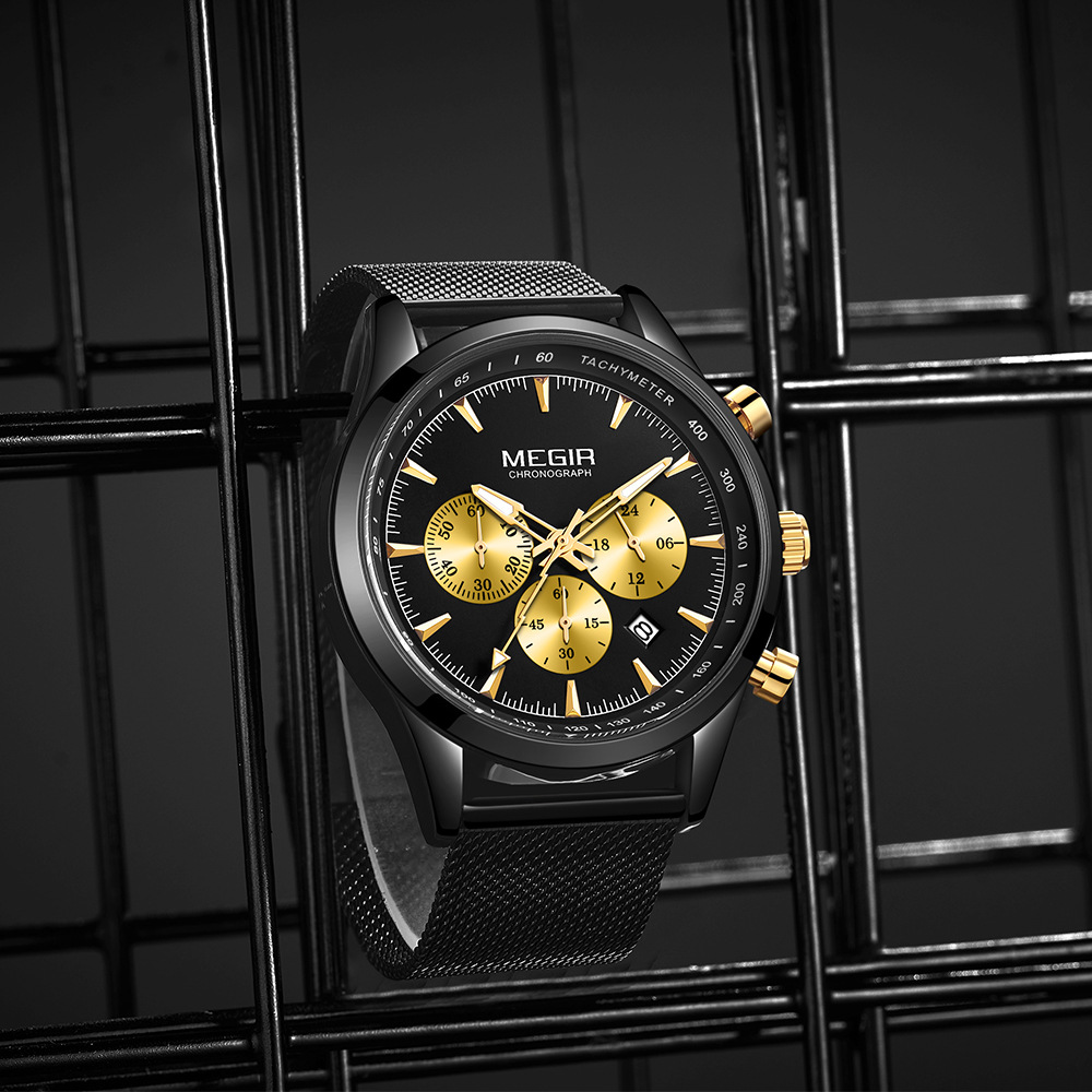 Orologio cronografo da uomo sottile - Cinturino in maglia di acciaio inossidabile da 44 mm, lancette luminose, data, resistente all'acqua fino a 30 m (quadrante nero/blu/oro rosa)_voghion.com