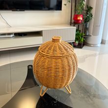 非严带盖子三脚架圆盅仿藤手工编织植物花篮桌面杂物带盖收纳筐