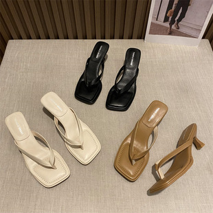 Korean Style Flip-Flops for Women Summer 2025 New Square Toe Stiletto Shoes for Women Medium Heel Fashion Flip-Flops