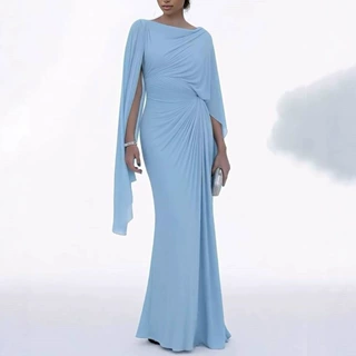 跨境欧美外贸女装2025秋季新款一字领长袖裙收腰扭结褶皱长连衣裙