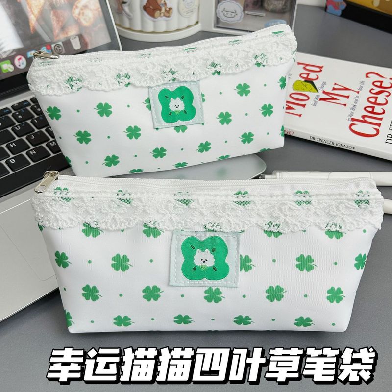 可爱幸运四叶草蕾丝边笔袋ins少女心收纳包高颜值大容量铅笔袋|undefined