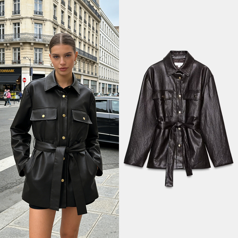Za Foreign Trade Cross-Border Wholesale European and American Style Women's Clothing Autumn Retro Street Style Faux Leather Long Coat with Belt