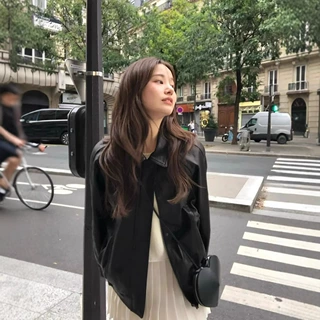 现货 韩系东大门复古宽松皮衣春秋季女百搭帅气翻领夹克外套oun*e