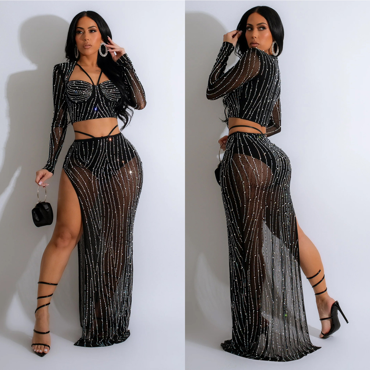 C6861 transfronterizo AliExpress Amazon europeo y americano moda ropa de mujer color sólido malla rhinestone manga larga vestido de dos piezas conjunto