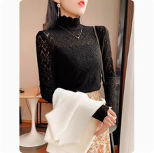 半高领蕾丝打底衫女内搭毛衣洋气秋冬季磨毛加厚加绒中领网纱上衣