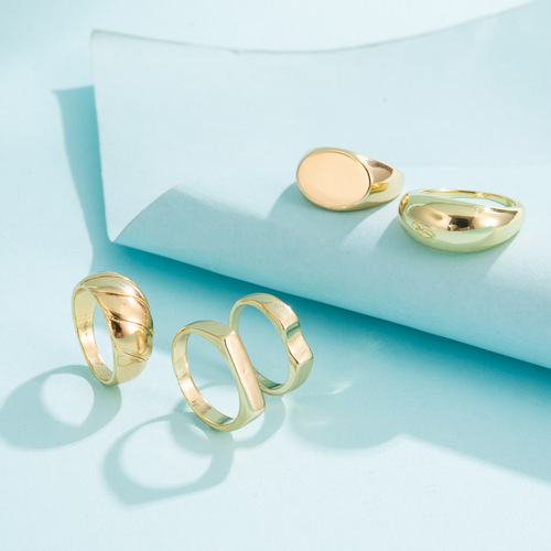 欧美跨境新款个性简约光面圆形戒指时尚复古光面戒指四件套装首饰
